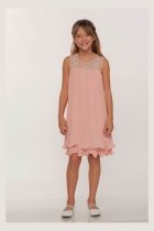 Blush Pleaded Illusion Neckline with Pearls Flower Girl Dress